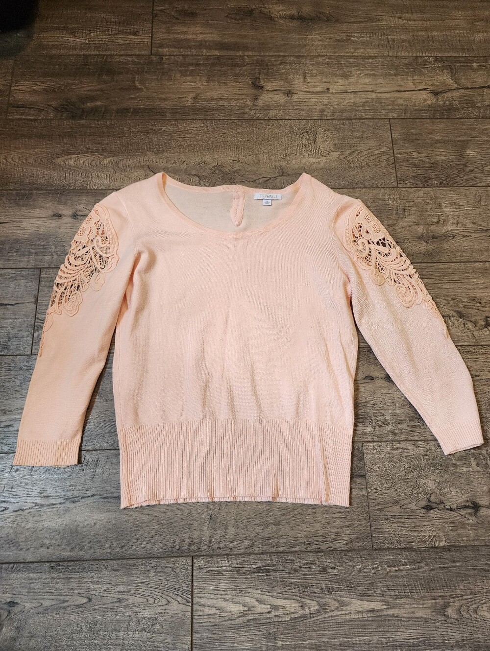 Roz & Ali Womens Sweater  Size M Peach/Pink Scoop-Neck Lace Details 3/4 Sleeve
